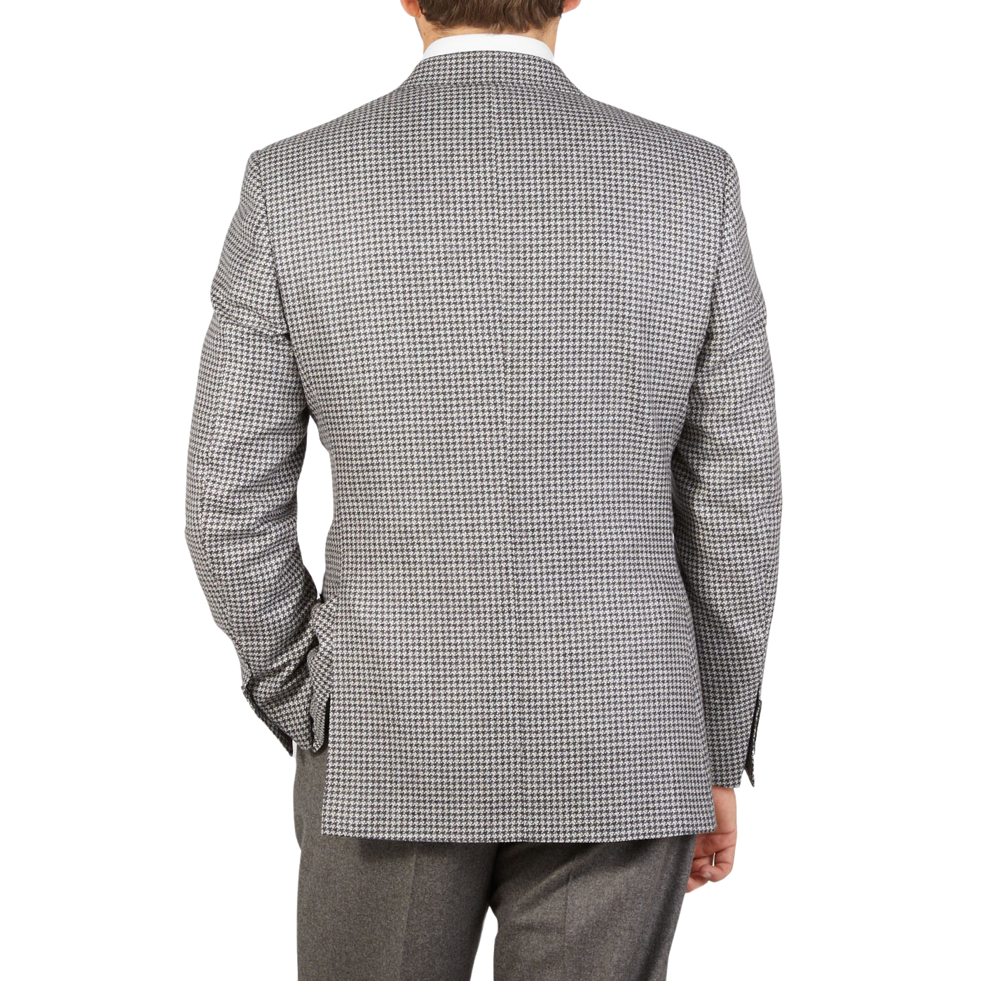 The back view of a man in a Grey Houndstooth Wool Drop 6 Blazer by Canali.