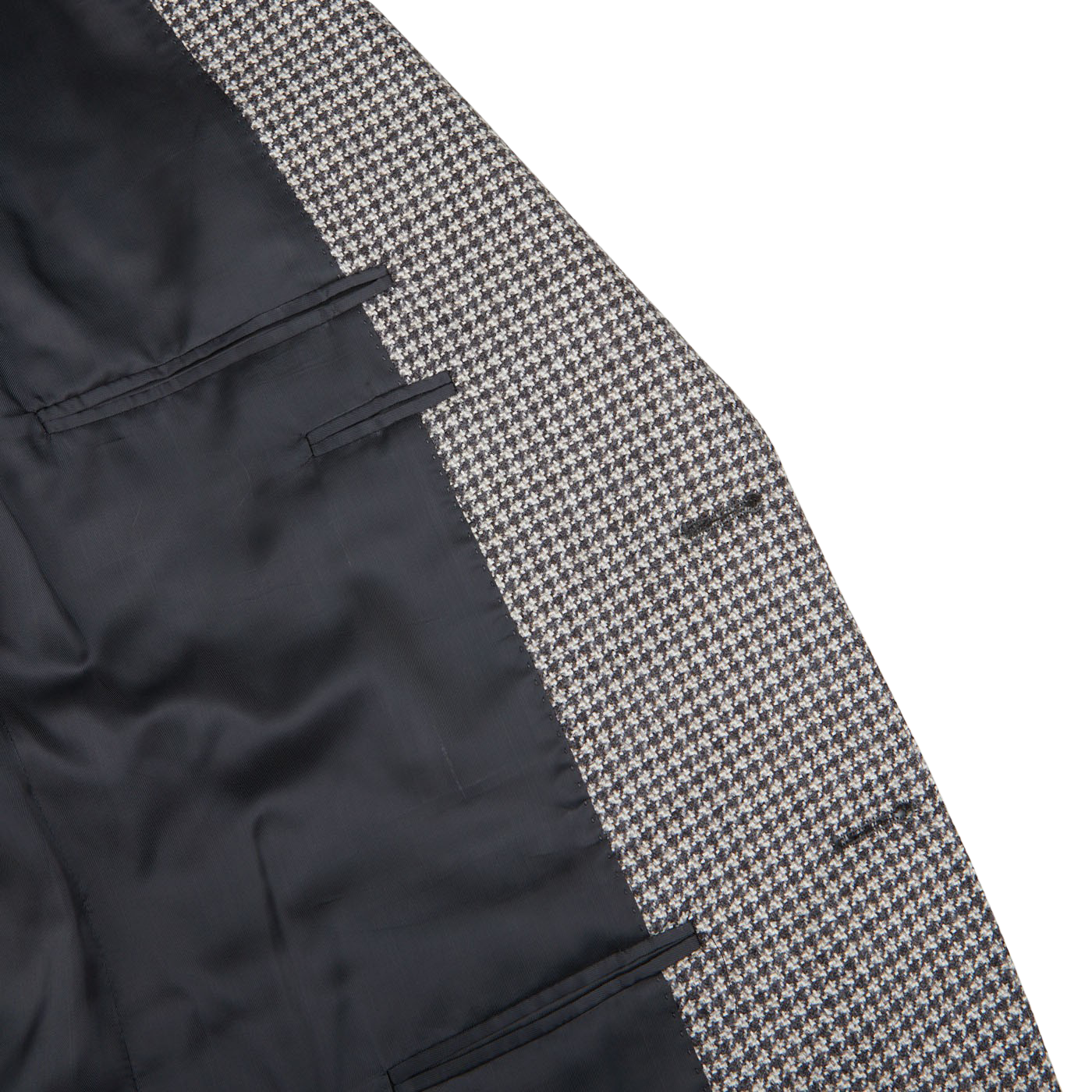 A close up of a Canali Grey Houndstooth Wool Drop 6 Blazer.