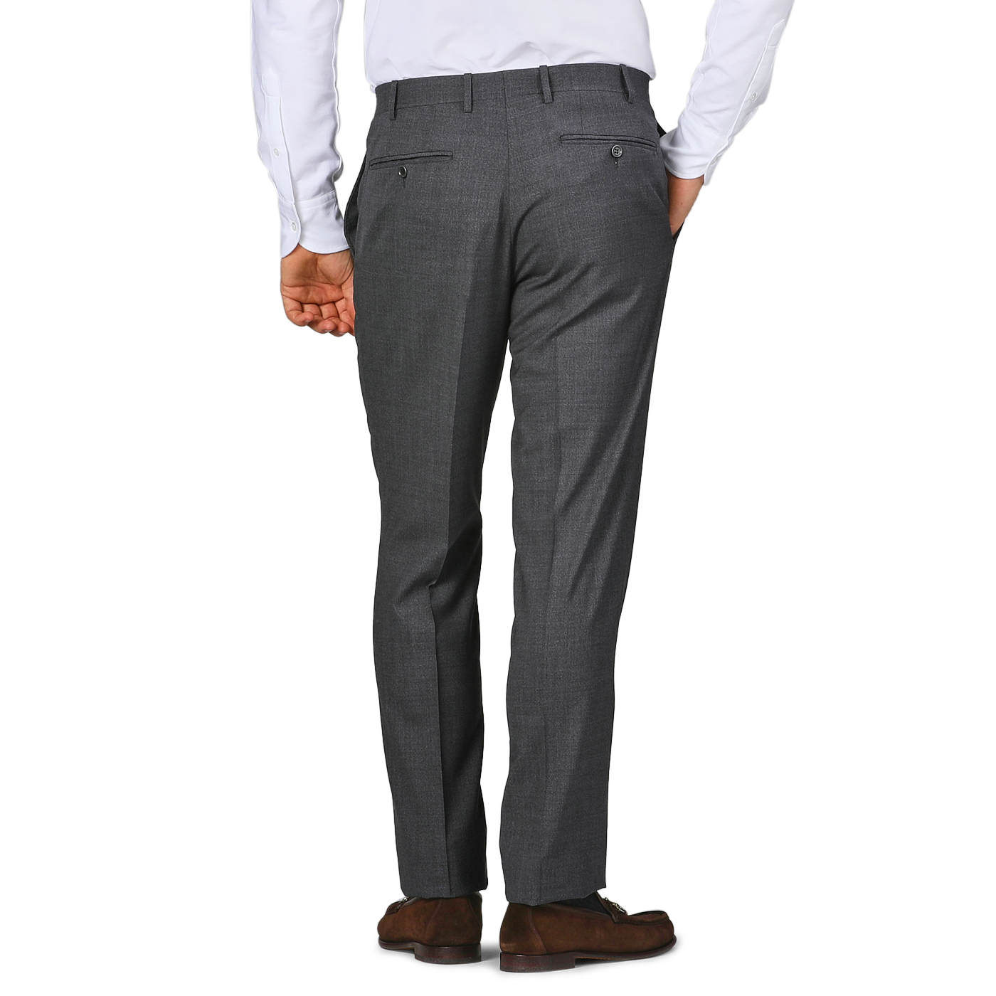 A person wearing Canali Grey Melange Wool Flat Front Trousers paired with brown shoes, captured from the back.