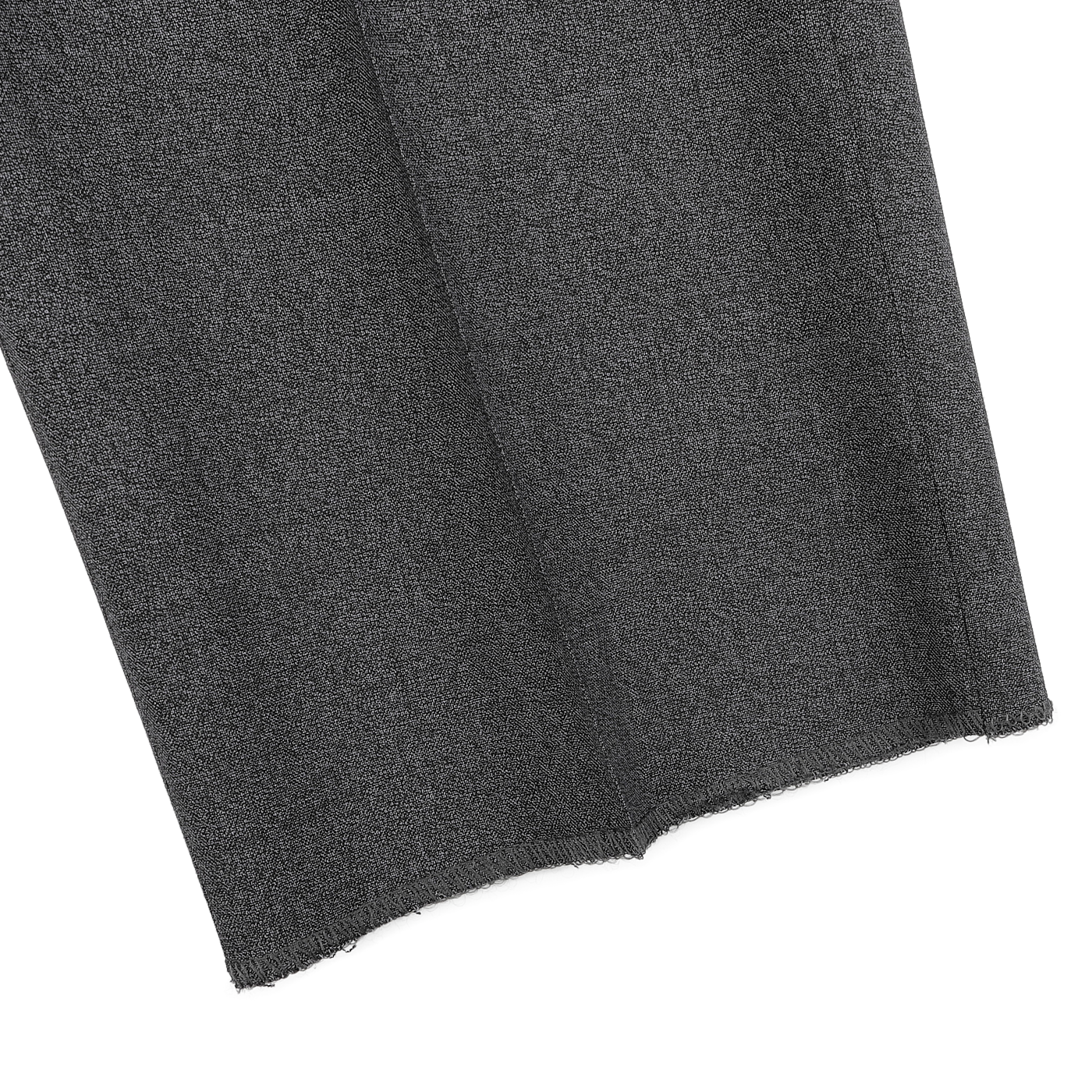 Close-up of a folded piece of textured dark gray fabric with a frayed edge, reminiscent of the refined elegance found in Canali's Grey Melange Wool Flat Front Trousers, ideal for tailored formal wear.