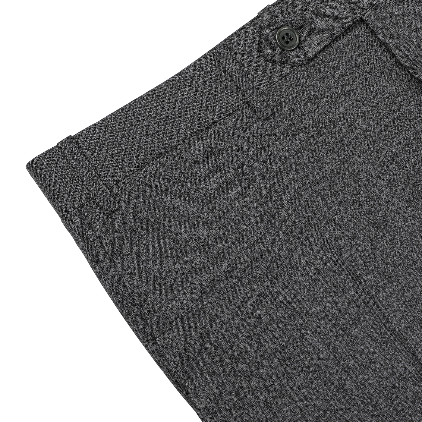 Close-up of the upper section of Canali's Grey Melange Wool Flat Front Trousers, featuring a button and belt loops, displayed on a white surface.