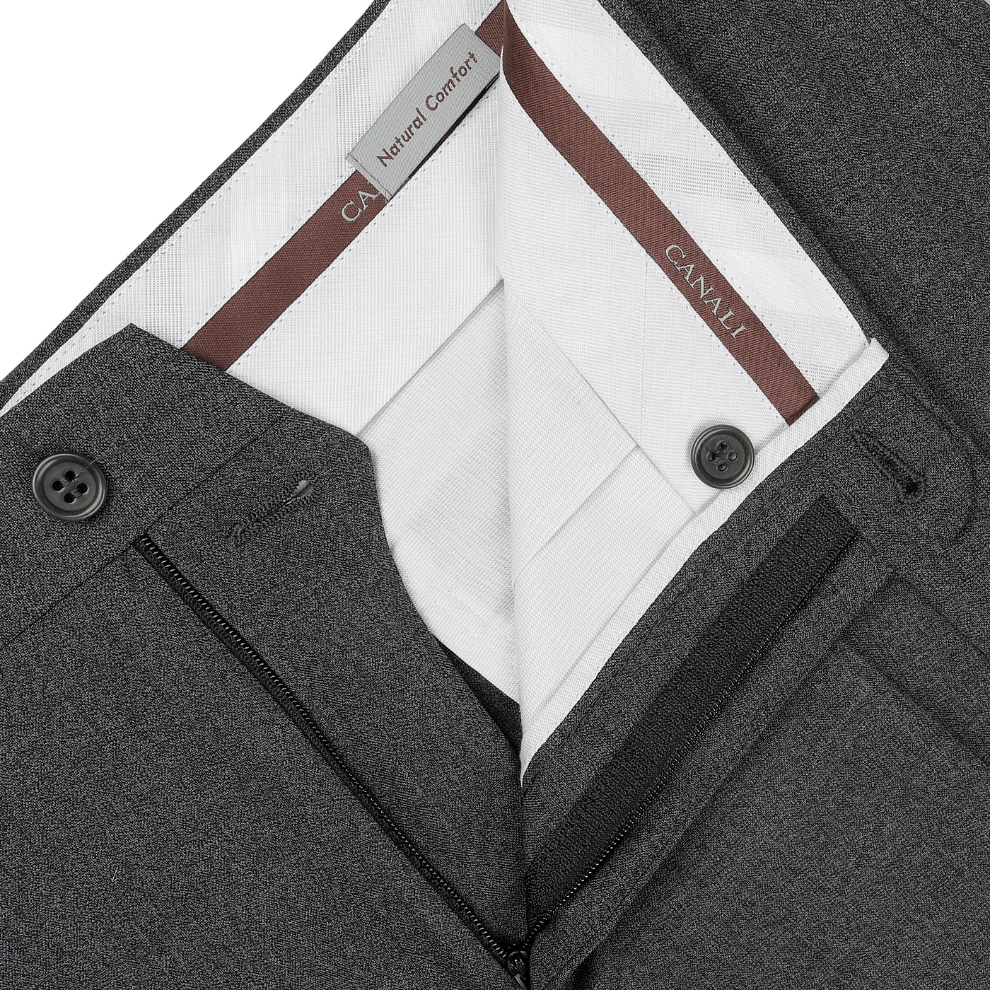 Close-up of Canali's Grey Melange Wool Flat Front Trousers, showcasing black buttons and a visible white inner lining labeled "Natural Comfort.