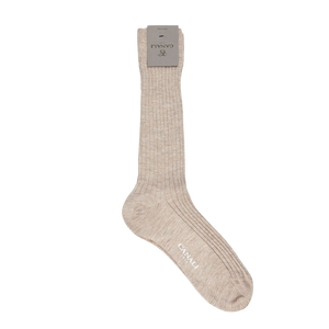 A pair of Light Beige Cashmere Silk Ribbed Socks made by Canali on a white background.