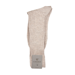 A pair of Light Beige Cashmere Silk Ribbed Socks by Canali on a white background.