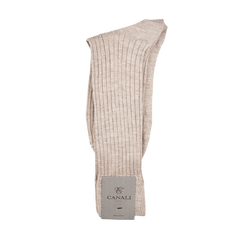 A pair of Light Beige Cashmere Silk Ribbed Socks by Canali on a white background.