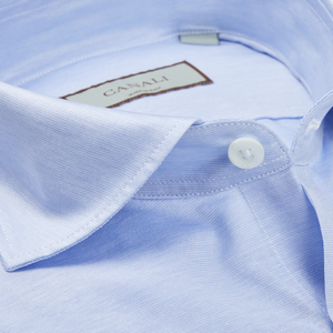 A close up of a contemporary man's Canali Light Blue Cotton Jersey Casual Shirt.