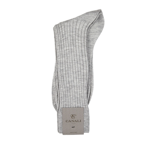 A pair of Light Grey Cashmere Silk Ribbed Socks from Canali on a white background.