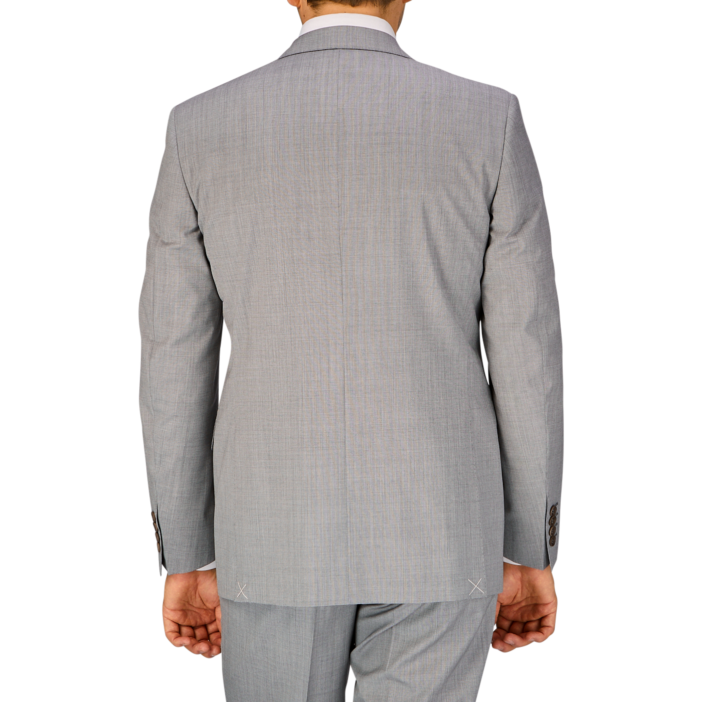 A man seen from behind wearing a Canali Light Grey Micro Check Wool Suit.