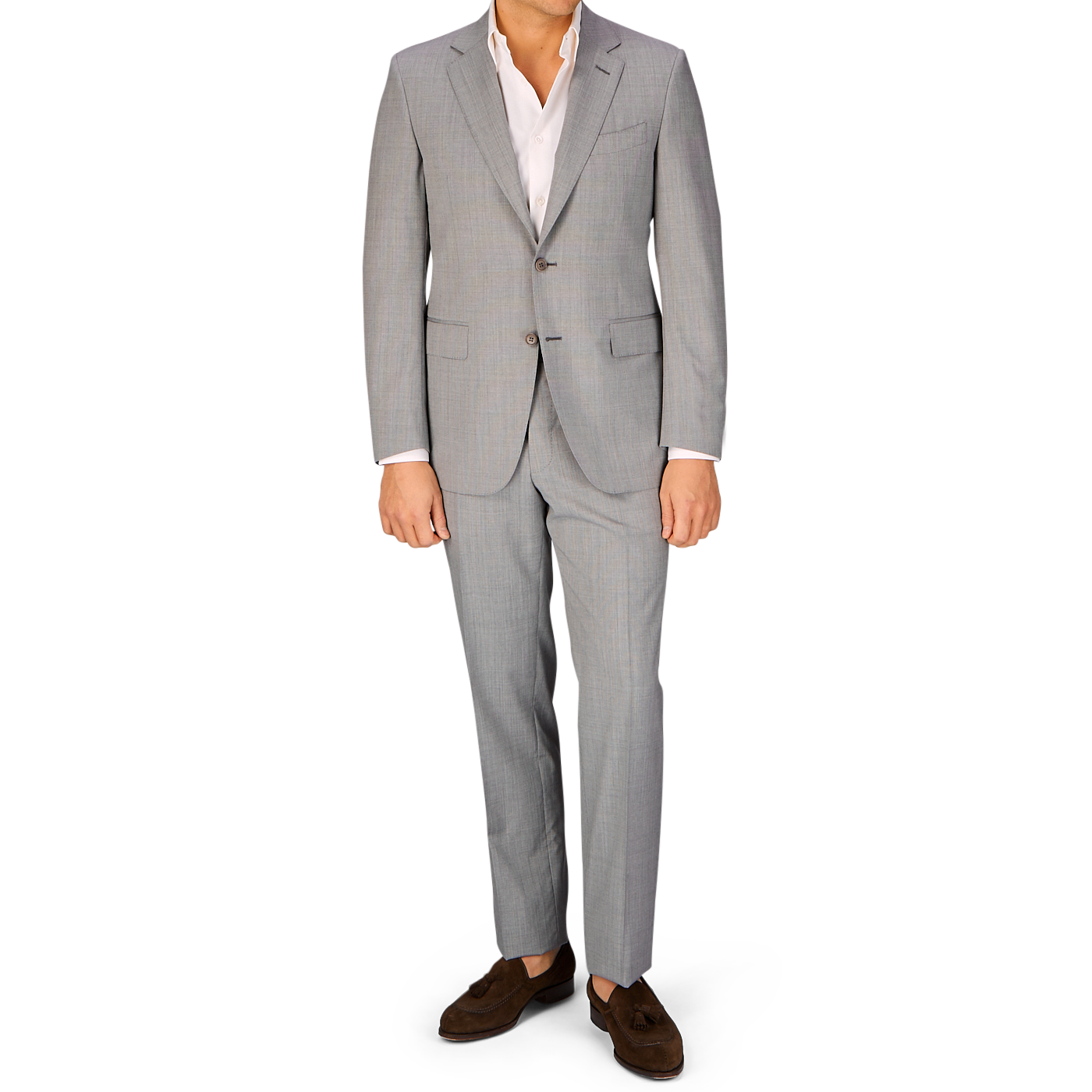 A man in a Canali Light Grey Micro Check Wool Suit and brown shoes standing against a white background.