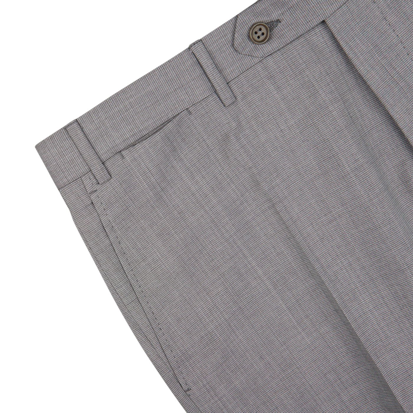 Classic Light Grey Micro Check Wool Suit pants with pleats on a white background. (Canali)