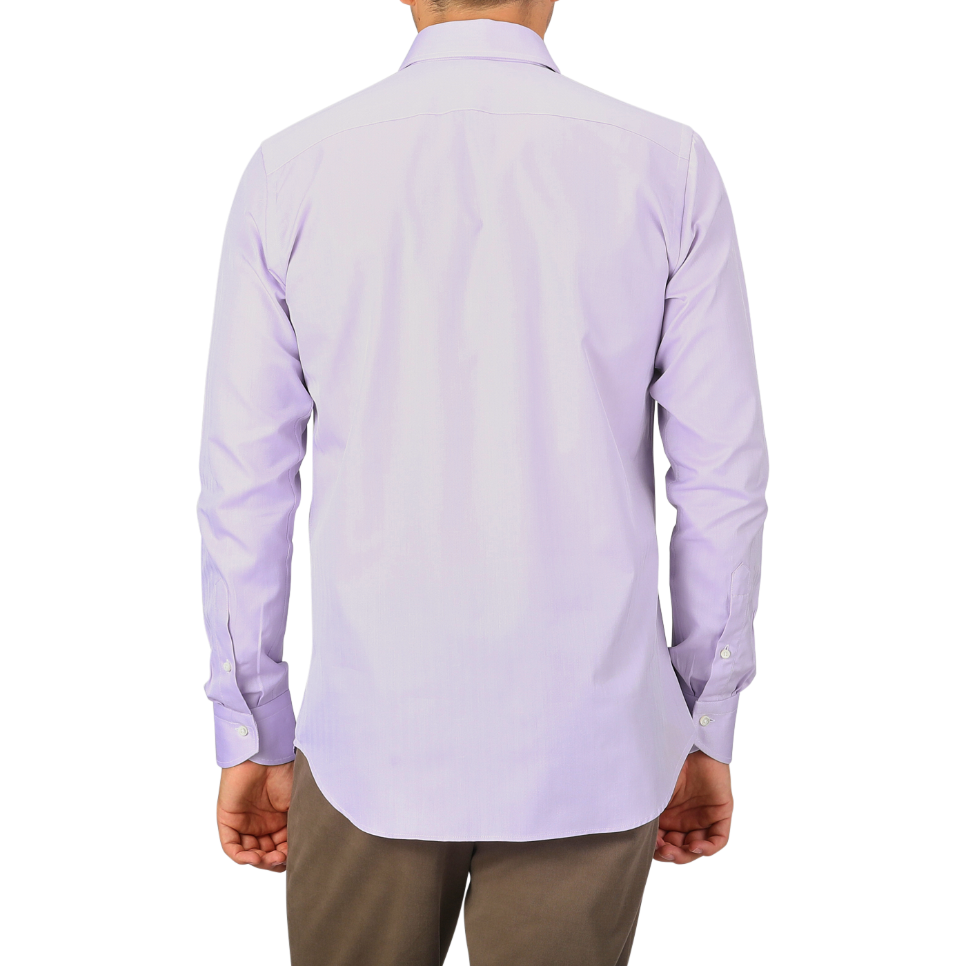 A man wearing a Canali Lilac Cotton Herringbone Single Cuff Shirt and brown pants stands with his back facing the camera.