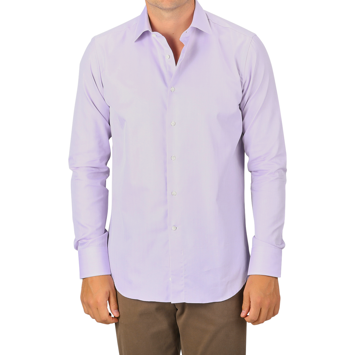 A man wearing a Canali Lilac Cotton Herringbone Single Cuff Shirt and brown pants stands facing forward, with only part of his face visible.