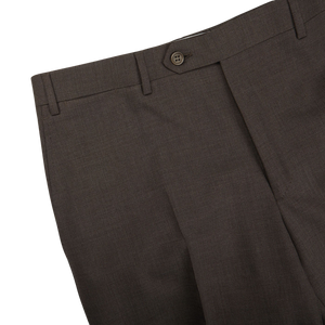 A close up of Canali Matte Brown Wool Stretch Flat Front Trousers.