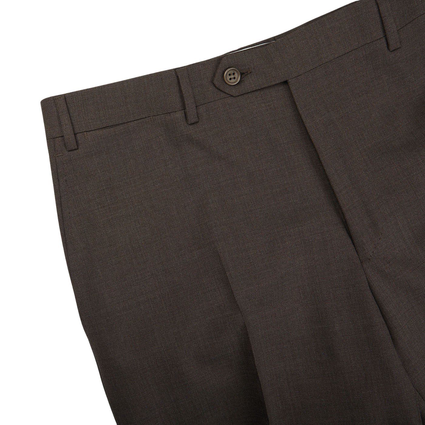 A close up of Canali Matte Brown Wool Stretch Flat Front Trousers.