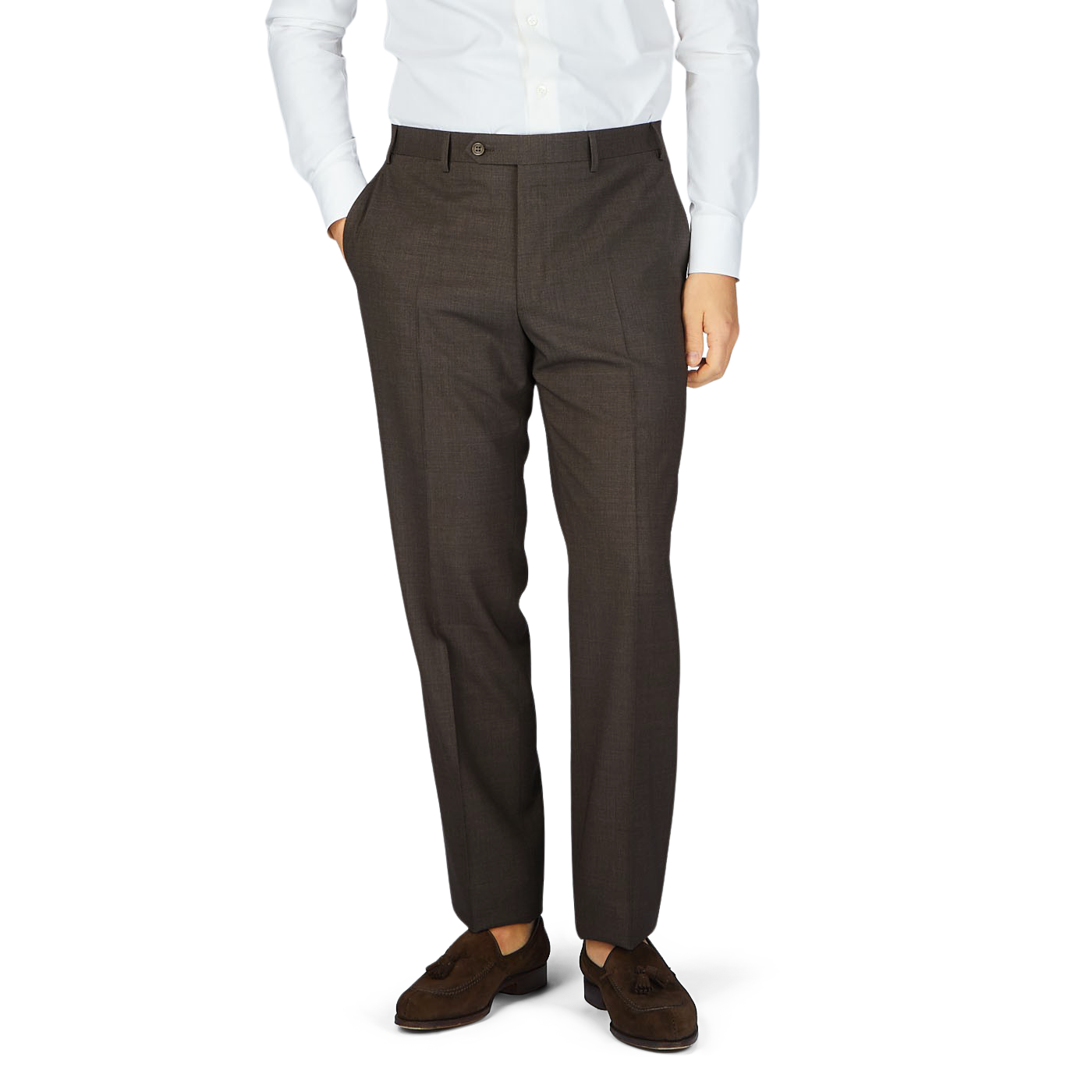 Canali | Matte Brown Wool Stretch Flat Front Trousers