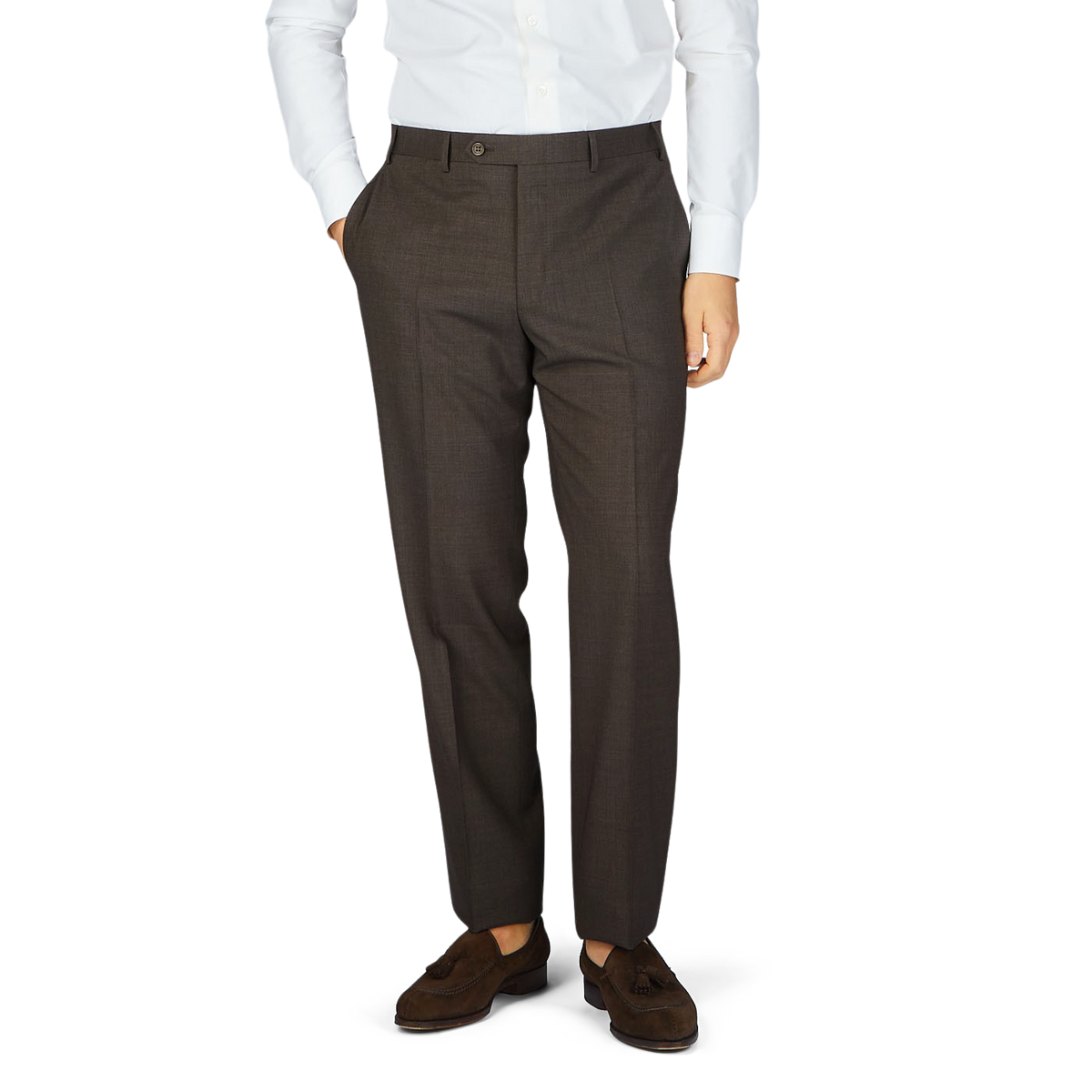 A man wearing Canali Matte Brown Wool Stretch Flat Front Trousers and a white shirt.