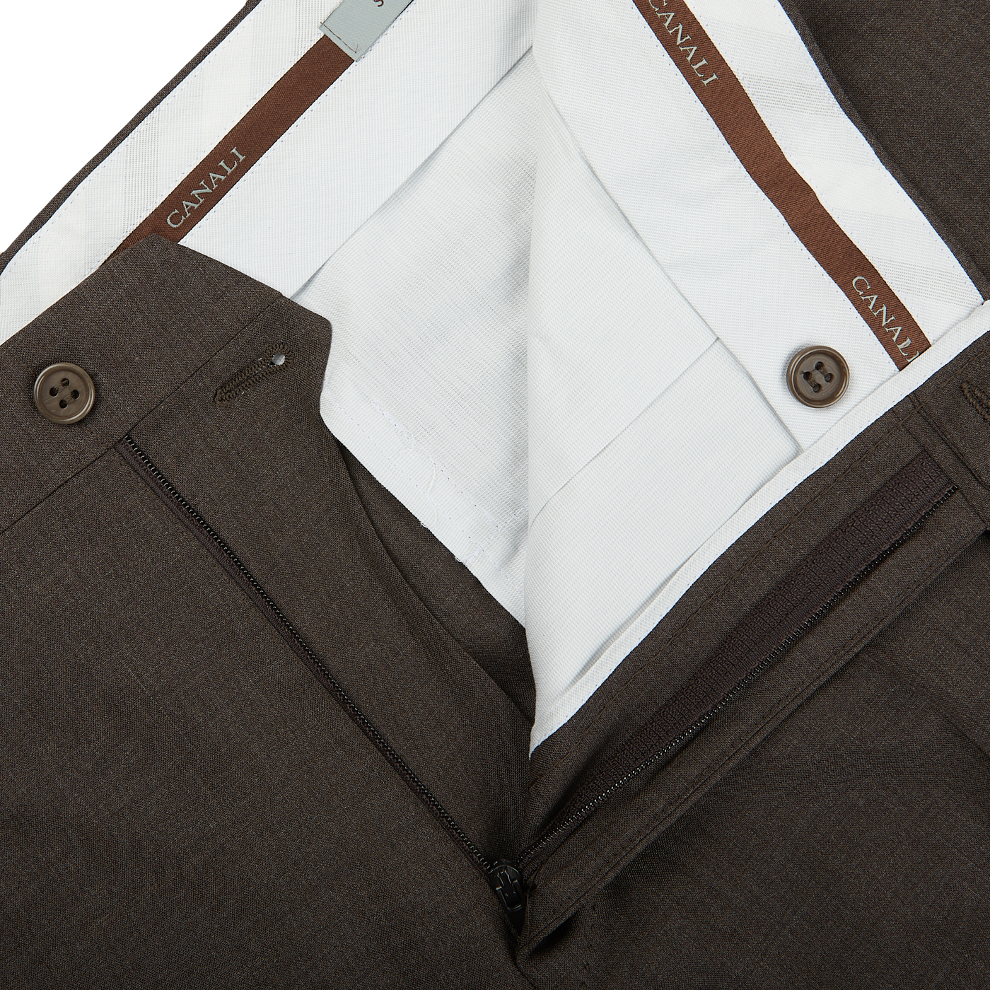 A close up of a tailored Canali Matte Brown Wool Stretch Flat Front Trouser.