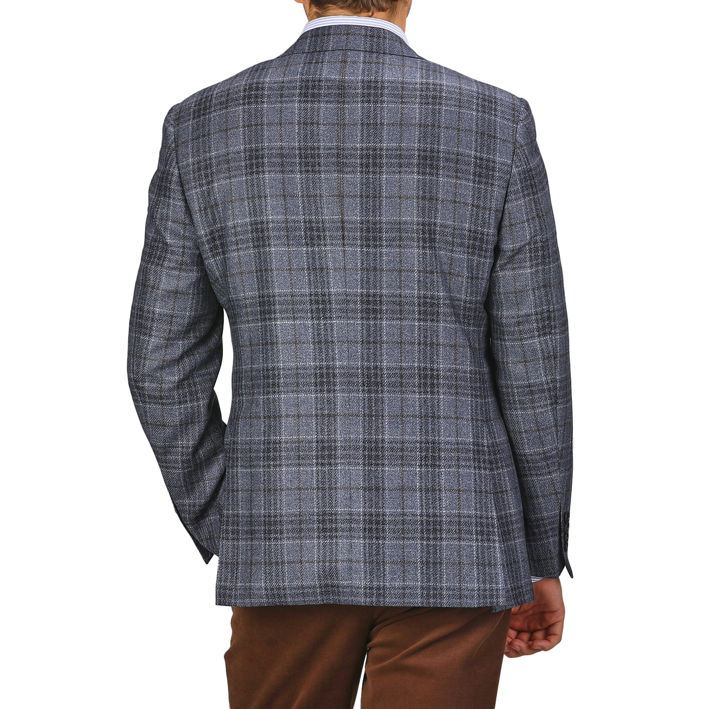 A person, embodying classic Milanese style, is shown from the back in a Canali Mid Blue Checked Wool Silk Drop 6 Blazer against a plain background.