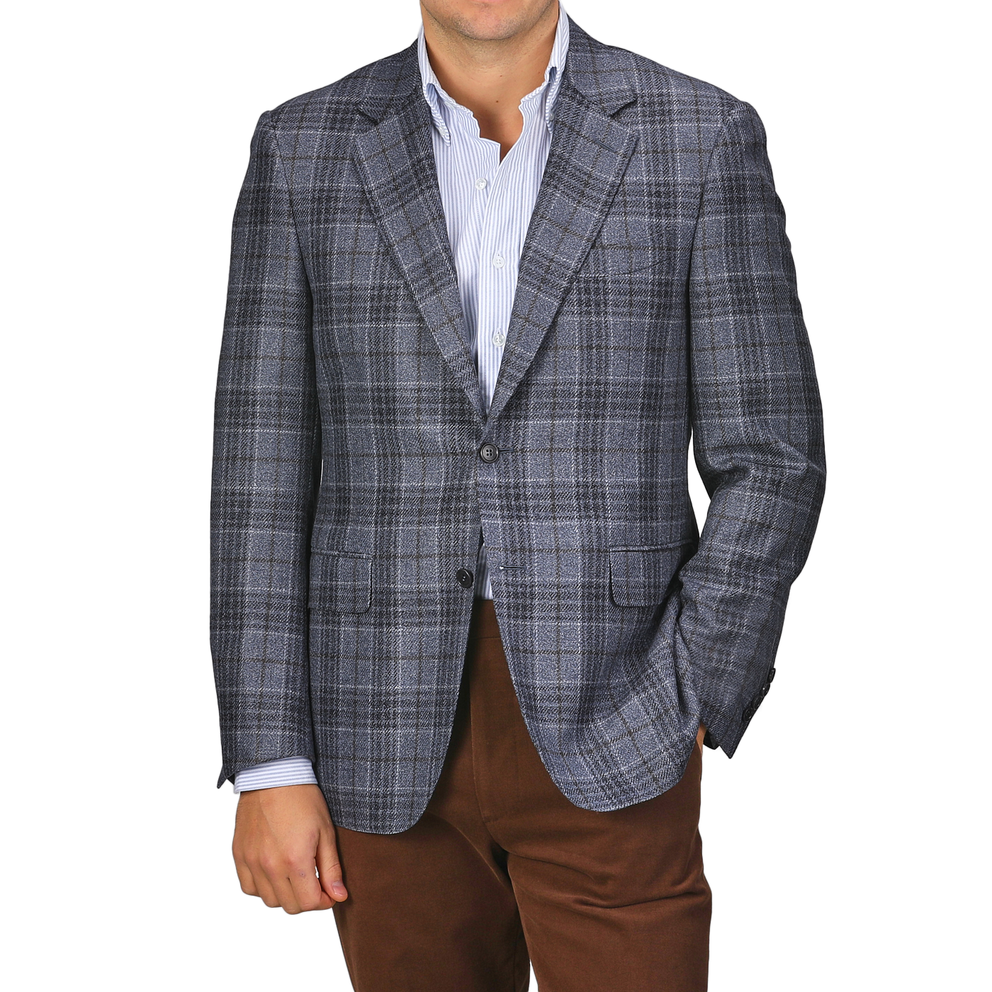 A person dressed in the sophisticated Mid Blue Checked Wool Silk Drop 6 Blazer by Canali, stylishly paired with a light blue shirt and brown pants.