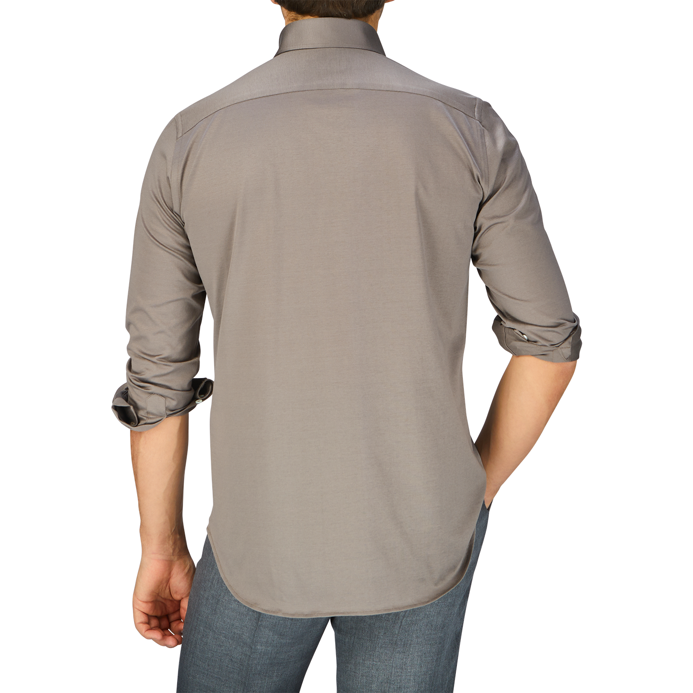 A contemporary man wears a grey Canali shirt, showcasing the Mushroom Brown Cotton Jersey Casual Shirt from behind.