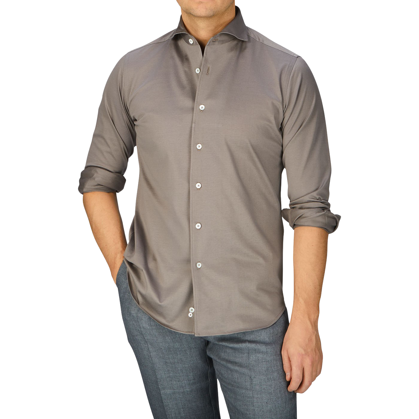 A contemporary man in a Canali Mushroom Brown Cotton Jersey Casual Shirt and pants.