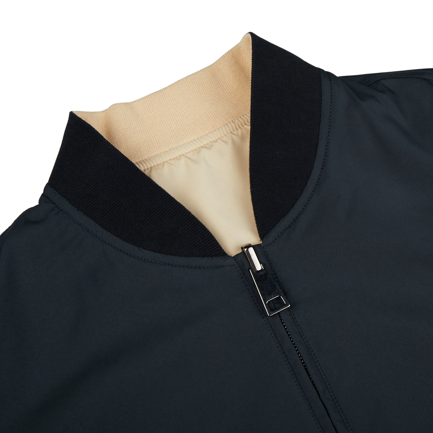 A Canali Navy Blue Beige Reversible Technical Blouson made of technical nylon material, featuring a zipper closure.
