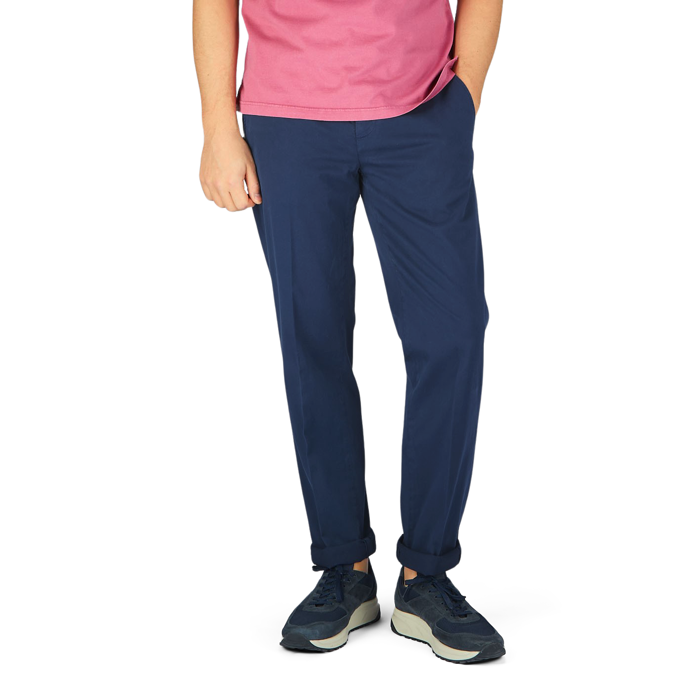 A man wearing navy blue Canali Navy Blue Cotton Stretch Flat Front Chinos and a pink shirt.