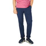 A man wearing navy blue Canali Navy Blue Cotton Stretch Flat Front Chinos and a pink shirt.