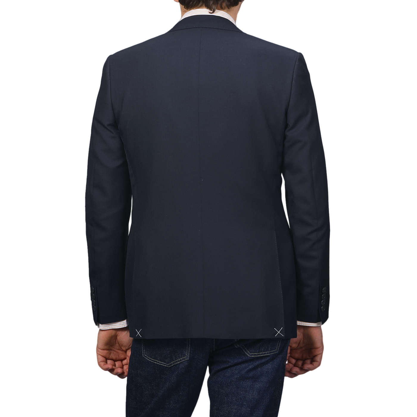 Rear view of a person in a Canali Navy Blue Hopsack Wool Blazer paired with jeans against a gray background.