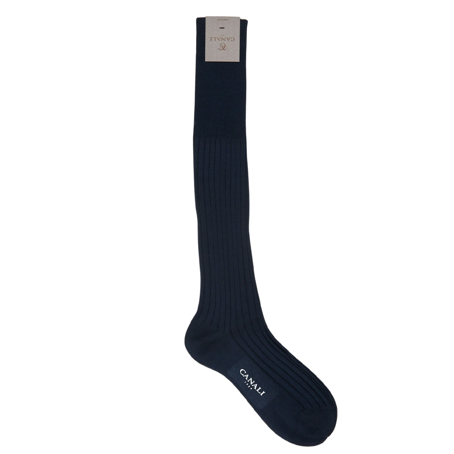 A pair of Canali Navy Blue Knee Long Ribbed Cotton Socks made from Egyptian cotton on a white background.