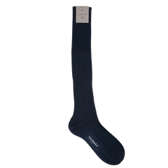 A pair of Canali Navy Blue Knee Long Ribbed Cotton Socks made from Egyptian cotton on a white background.