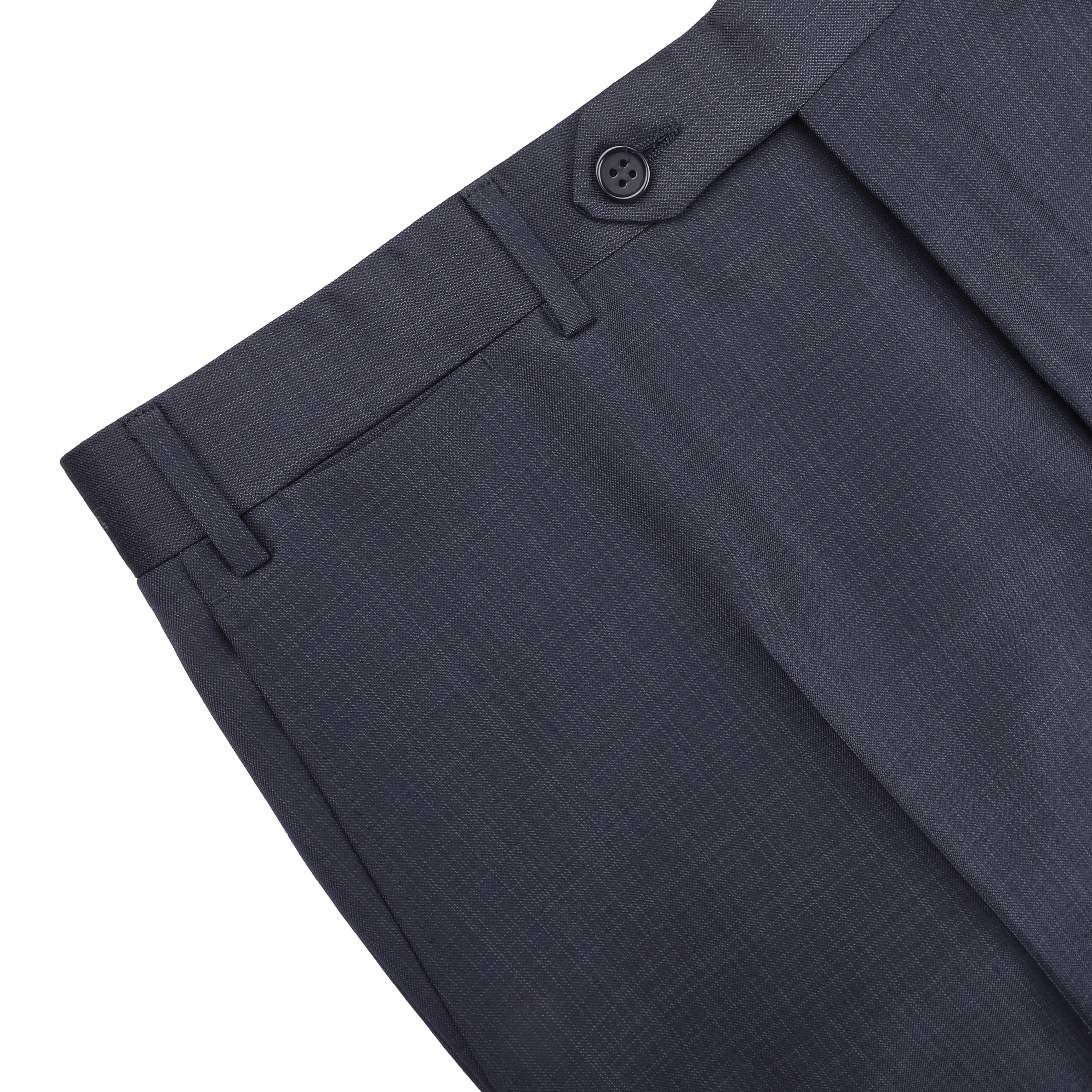 The Canali Navy Blue Micro Design Wool Suit, featuring a button and belt loops for classic sartorial elegance, is highlighted against a black background.