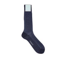 A pair of Navy Ribbed Cotton Vanisee socks made with Egyptian cotton on a white background by Canali.