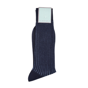 A pair of Navy Ribbed Cotton Vanisee socks made from Egyptian cotton with a Canali tag on them.