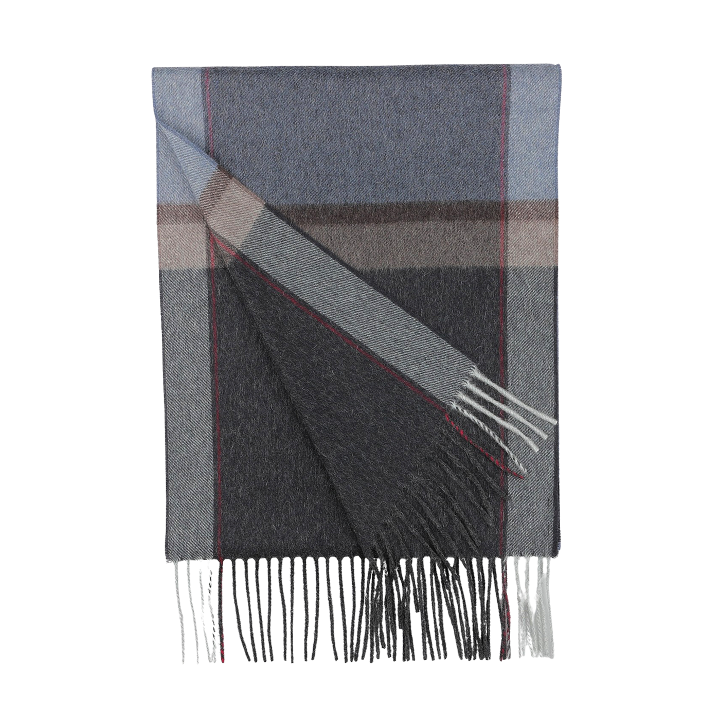 A luxurious Canali cashmere scarf in a grey hue, featuring a classic plaid pattern with red and beige accents, complemented by subtle stripes of Canali's signature navy blue. The scarf is elegantly finished with fringed ends.