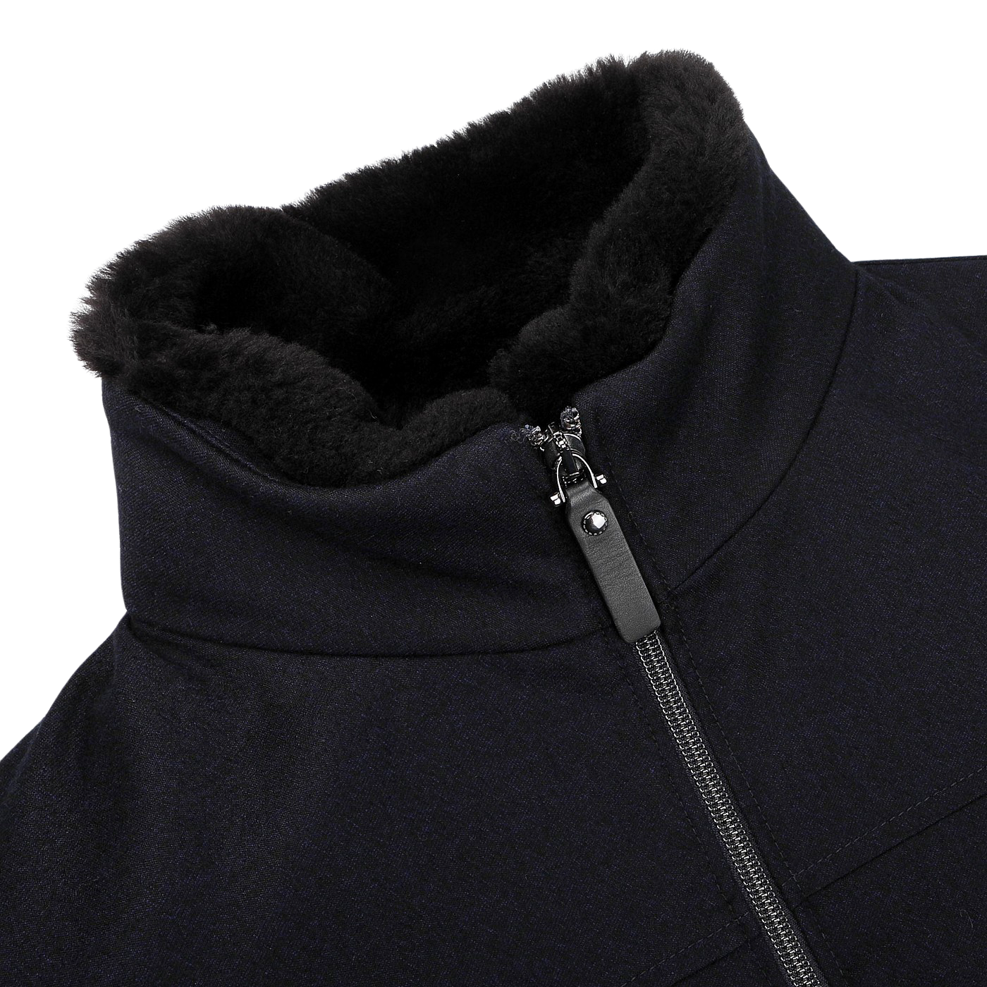 Navy Blue Wool Bomber Jacket by Canali, featuring a detachable beaver fur collar and a black fur-lined interior, complete with a high collar and front zipper.