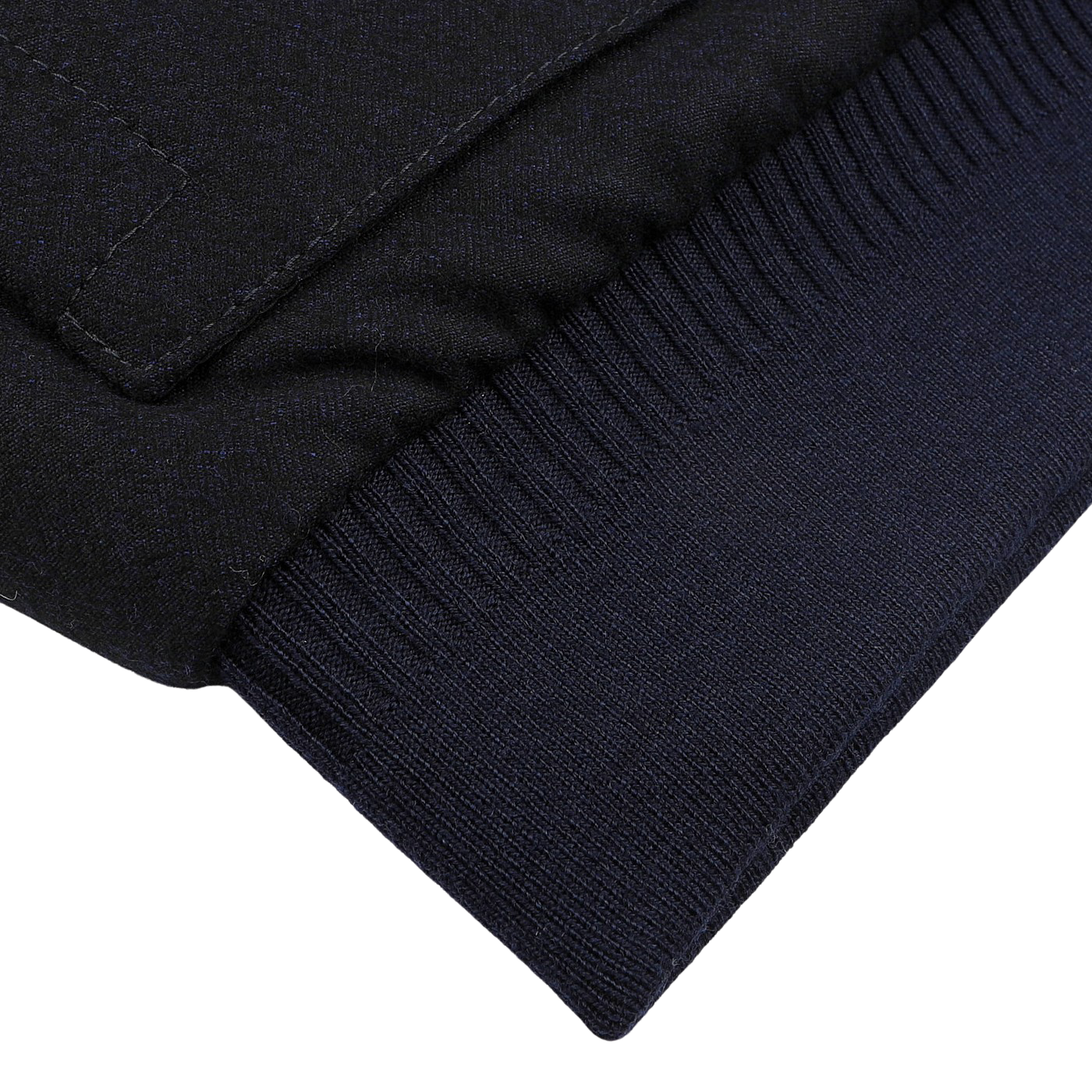 Close-up of the sleeve of Canali's Navy Blue Wool Fur Collar Bomber Jacket, highlighting the ribbed cuff with detailed stitching and a detachable beaver fur collar for enhanced versatility.