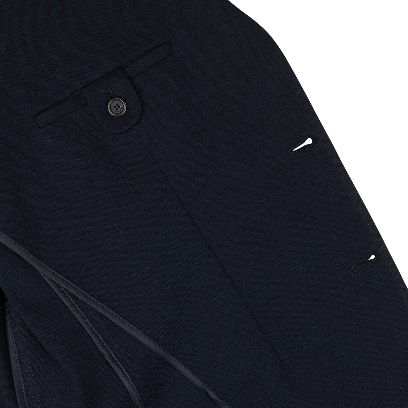 Close-up of a Canali Navy Cotton Jersey Unconstructed Blazer with button and pocket details.