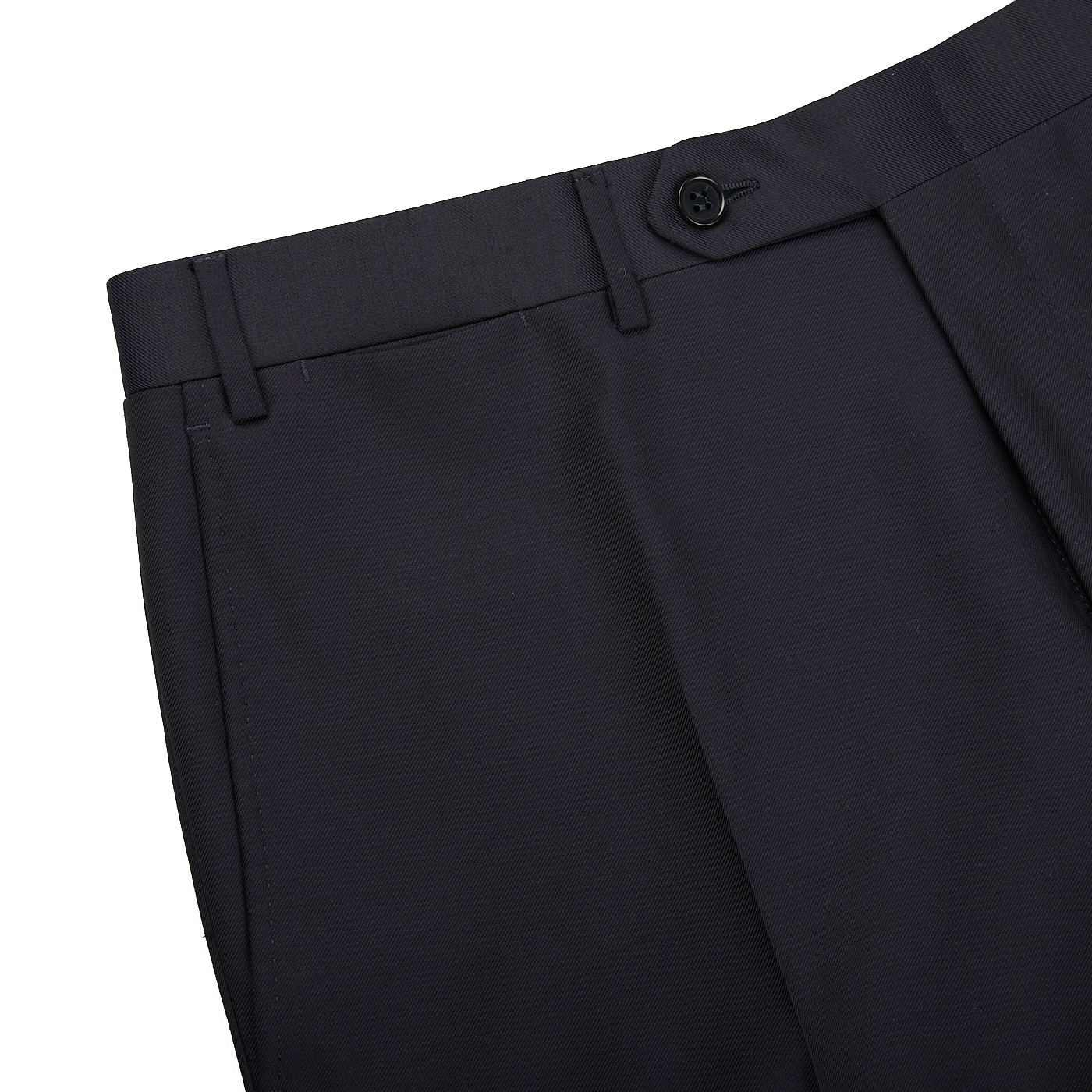 A close up of Canali navy blue wool twill formal trousers.