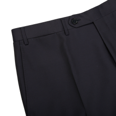 A close up of Canali navy blue wool twill formal trousers.