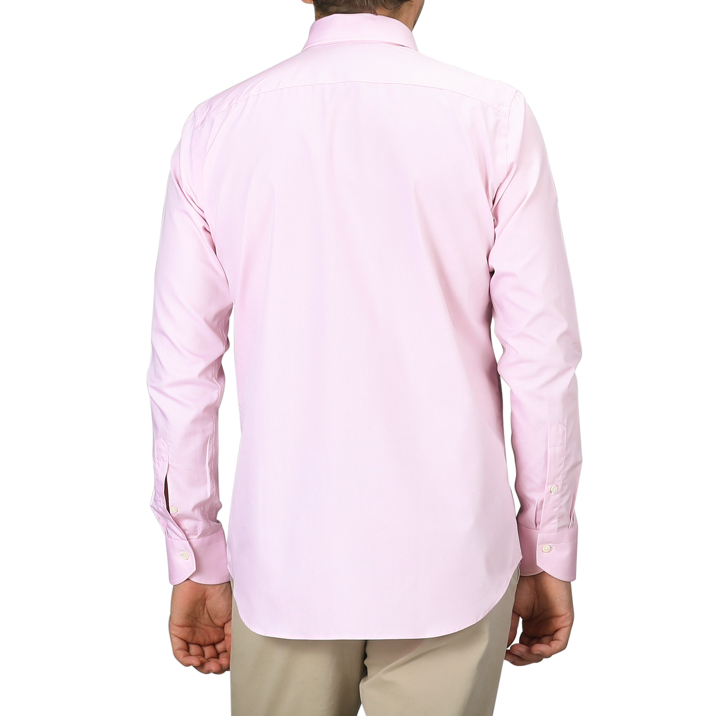 A person dressed in a Pink Cotton Single Cuff Shirt by Canali and beige pants is shown from the back against a white background.