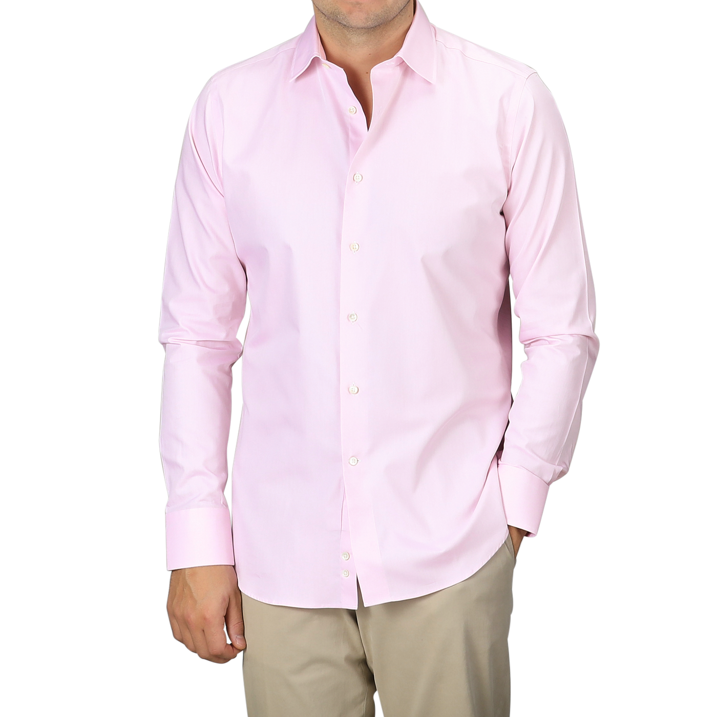 An individual is wearing a Pink Cotton Single Cuff Shirt by Canali paired with beige pants, and their face is not visible.