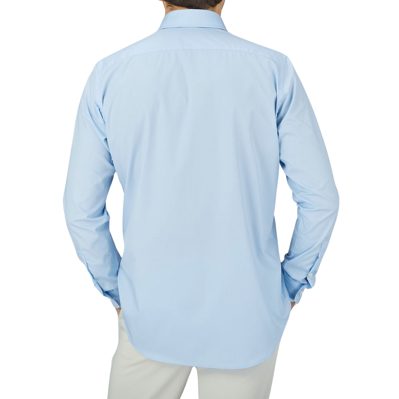 The back view of a man wearing a Canali Plain Blue Cotton Poplin Single Cuff Shirt made of ultra-soft cotton.