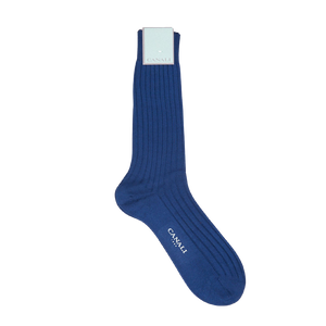 A pair of Royal Blue Ribbed Cotton Socks made with Egyptian cotton on a white background by Canali.