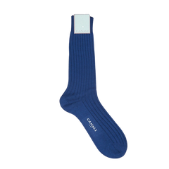 A pair of Royal Blue Ribbed Cotton Socks made with Egyptian cotton on a white background by Canali.