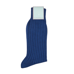 A pair of Canali Royal Blue Ribbed Cotton Socks made with Egyptian cotton on a white background.