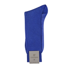 A Canali Royal Sky Ribbed Cotton Vanisee sock with a label on it.