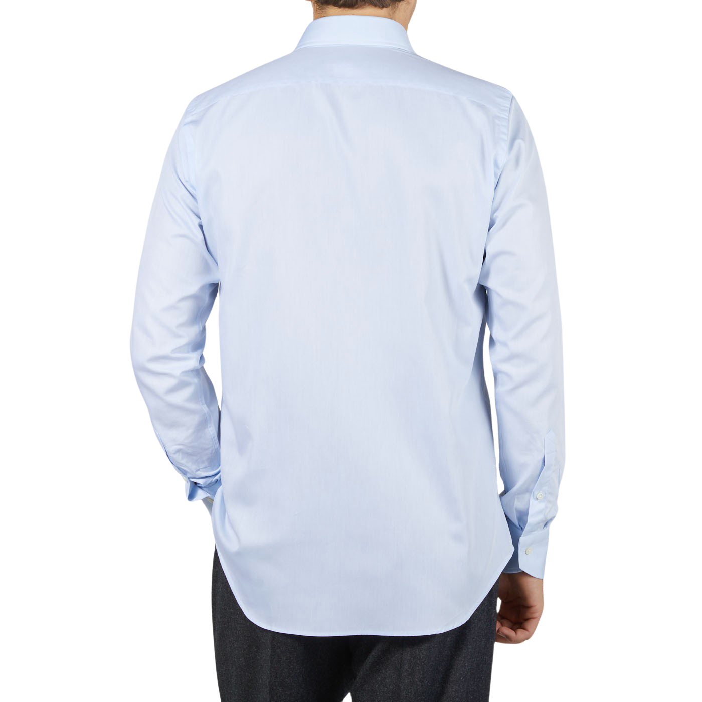 The back view of a man wearing a Canali Sky Blue Cotton Single Cuff Shirt.