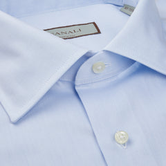 A close up of a sky blue dress shirt by Canali, the Sky Blue Cotton Single Cuff Shirt.