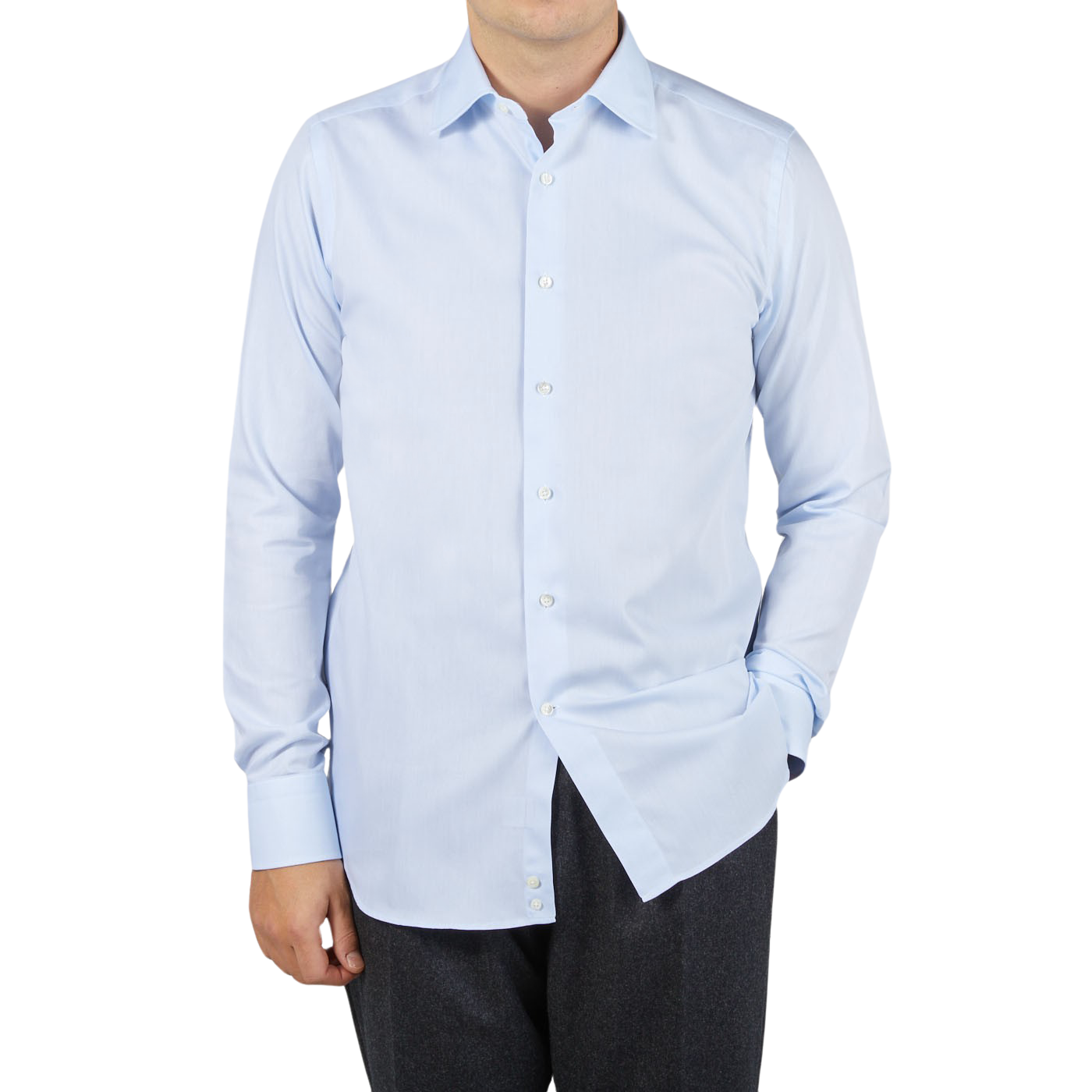 A man wearing a Canali shirt in sky blue dressed.